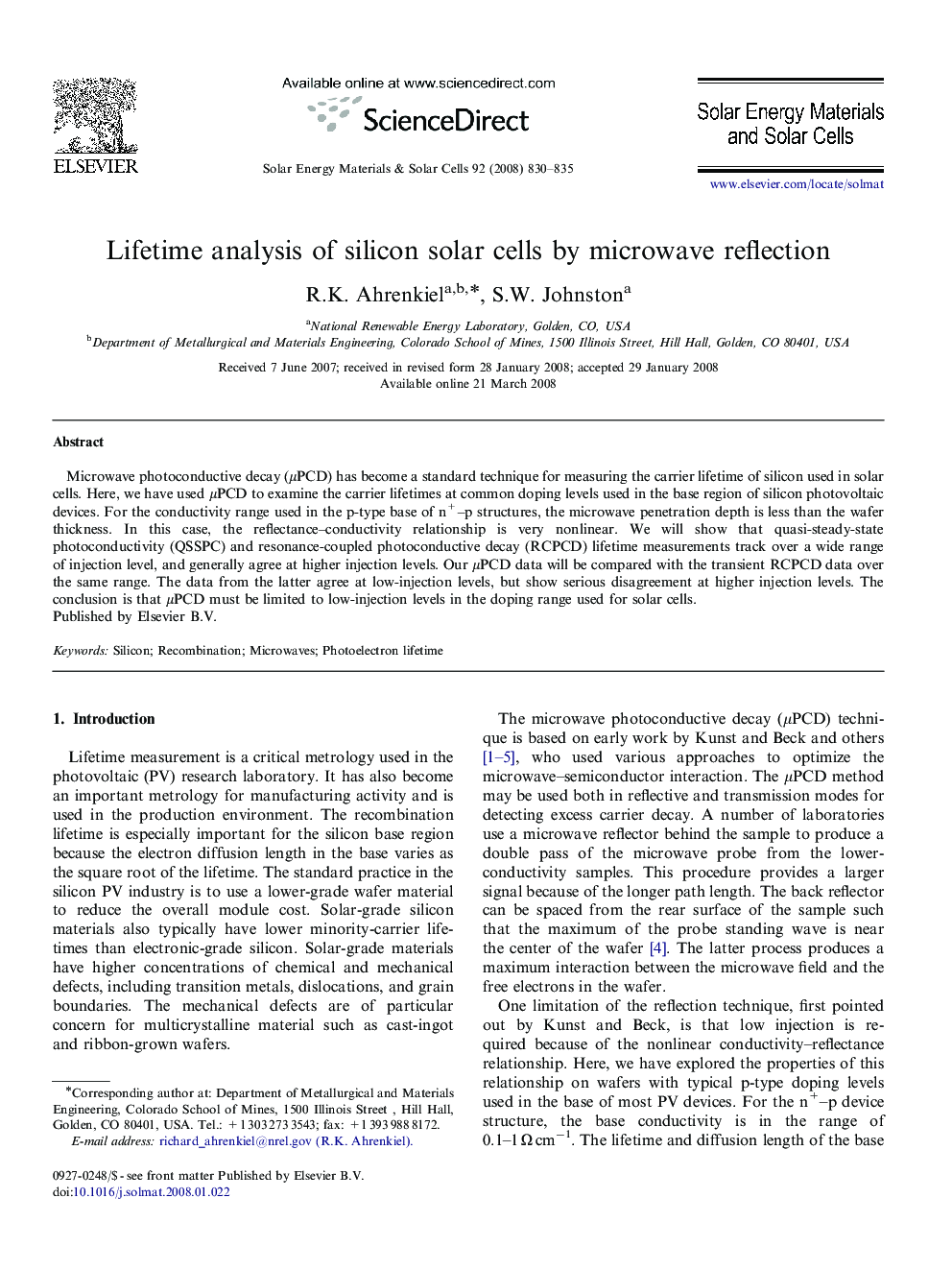 Lifetime analysis of silicon solar cells by microwave reflection