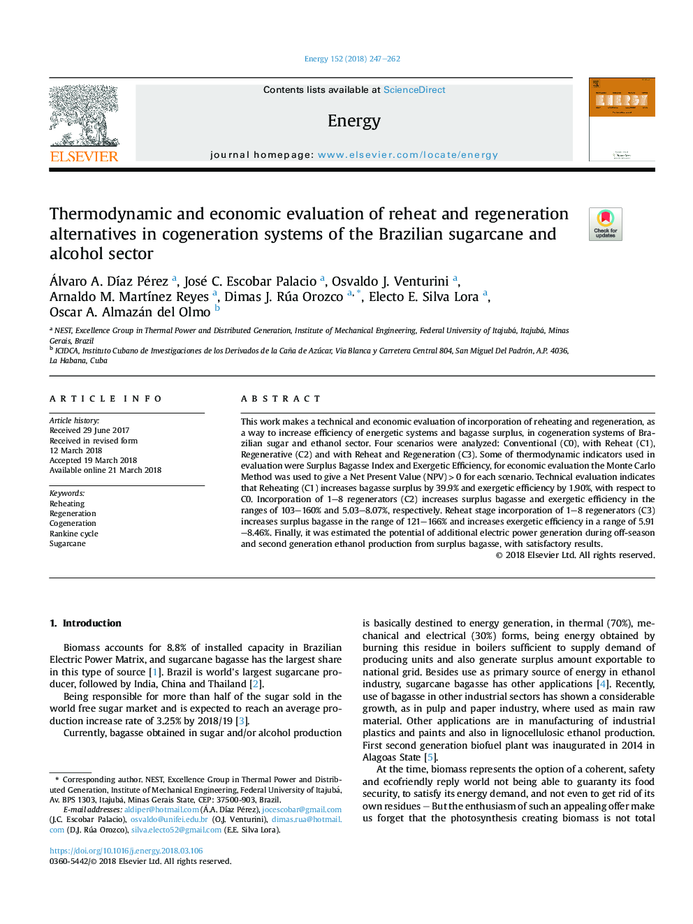 Thermodynamic and economic evaluation of reheat and regeneration alternatives in cogeneration systems of the Brazilian sugarcane and alcohol sector