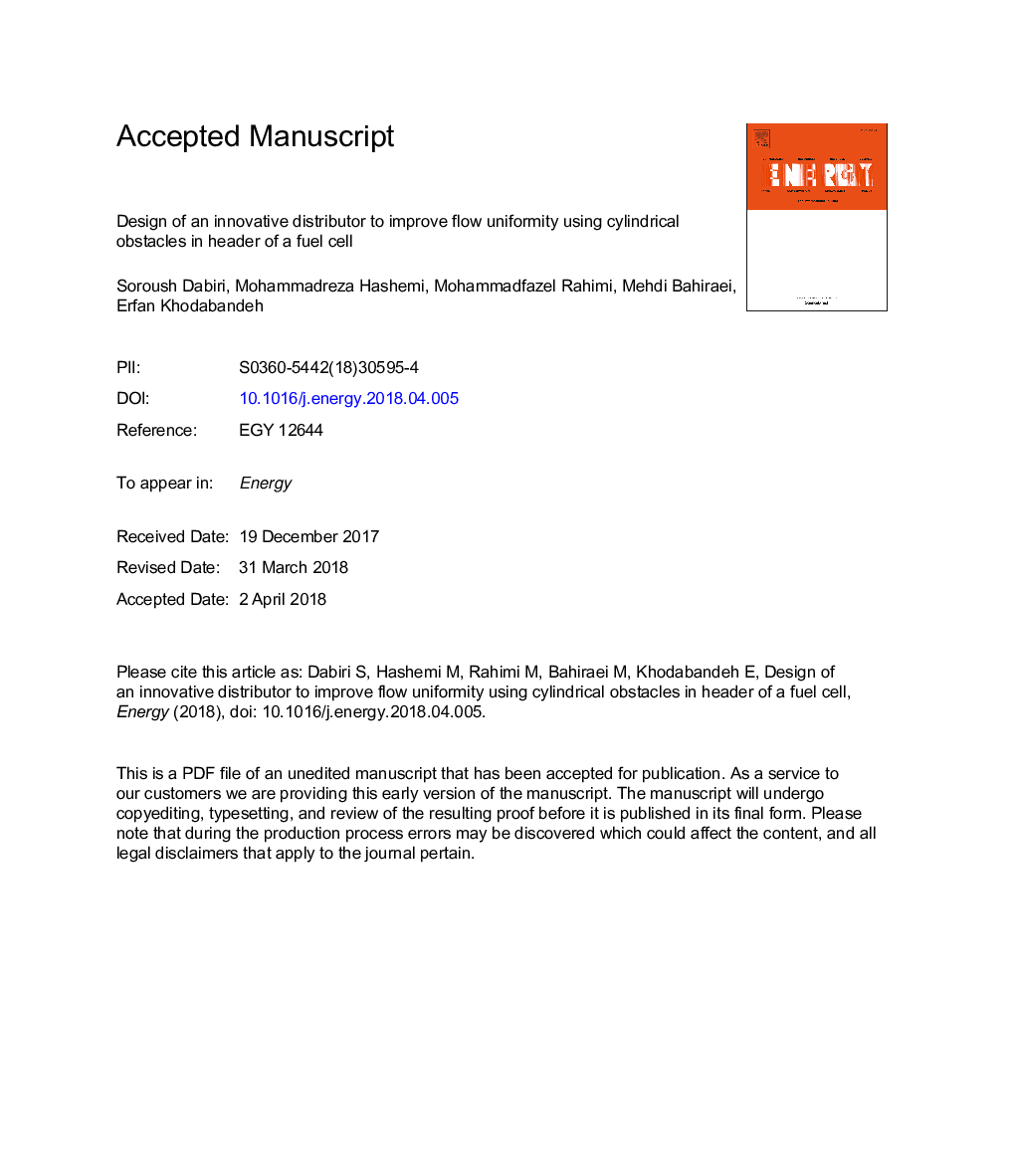 Design of an innovative distributor to improve flow uniformity using cylindrical obstacles in header of a fuel cell