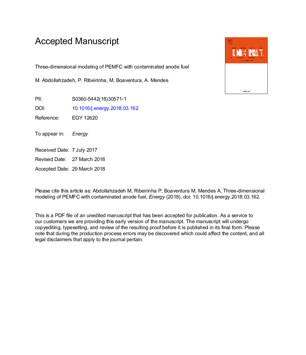 Three-dimensional modeling of PEMFC with contaminated anode fuel