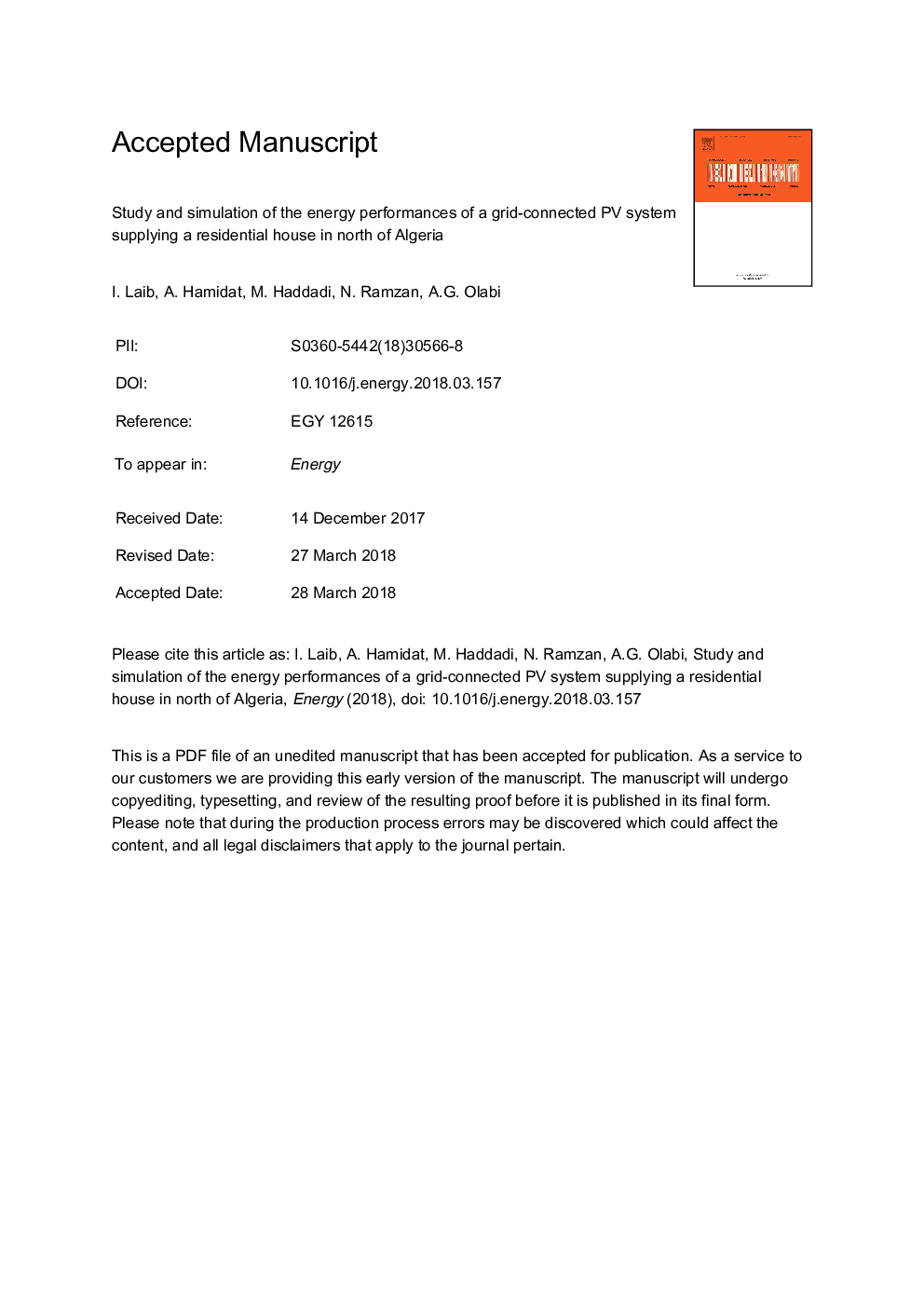 عکس صفحه اول مقاله: Study and simulation of the energy performances of a grid-connected PV system supplying a residential house in north of Algeria Study and simulation of the energy performances of a grid-connected PV system supplying a residential house in north of Algeria