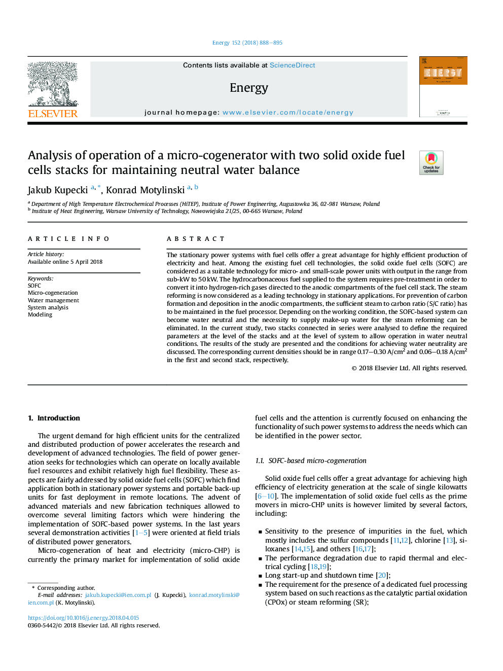 Analysis of operation of a micro-cogenerator with two solid oxide fuel cells stacks for maintaining neutral water balance