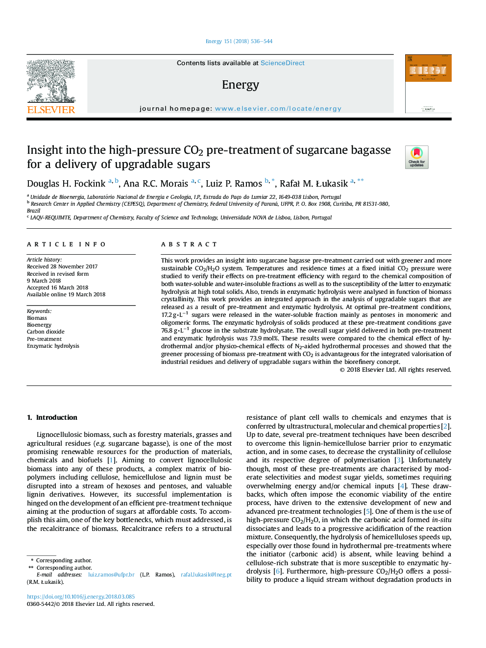 Insight into the high-pressure CO2 pre-treatment of sugarcane bagasse for a delivery of upgradable sugars