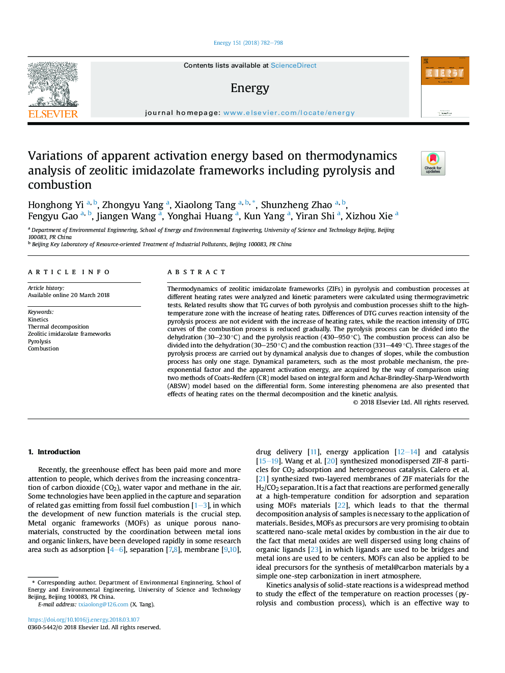 Variations of apparent activation energy based on thermodynamics analysis of zeolitic imidazolate frameworks including pyrolysis and combustion