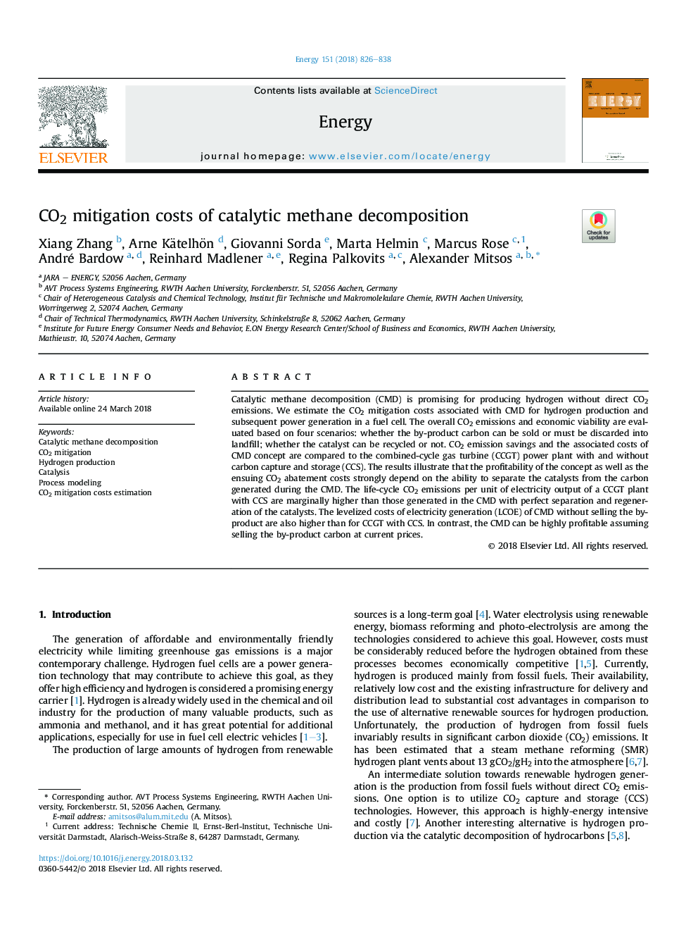 CO2 mitigation costs of catalytic methane decomposition