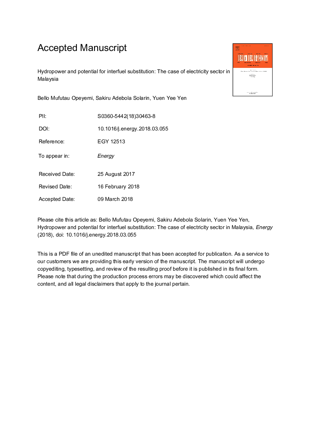 Hydropower and potential for interfuel substitution: The case of electricity sector in Malaysia