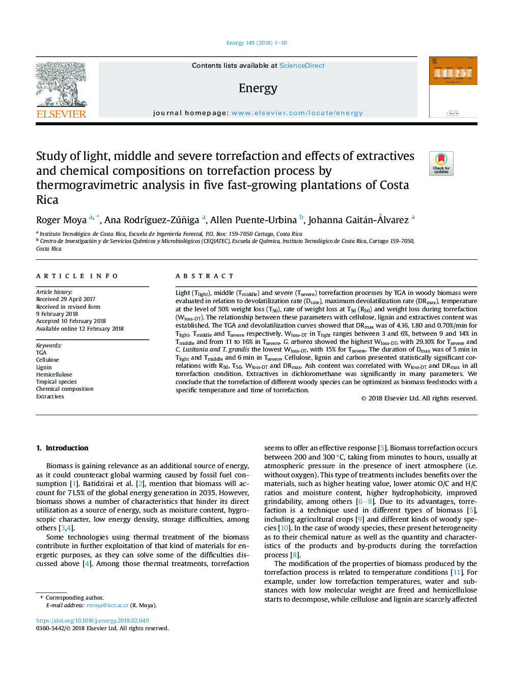 Study of light, middle and severe torrefaction and effects of extractivesÂ and chemical compositions on torrefaction process by thermogravimetric analysis in five fast-growing plantations of CostaÂ Rica