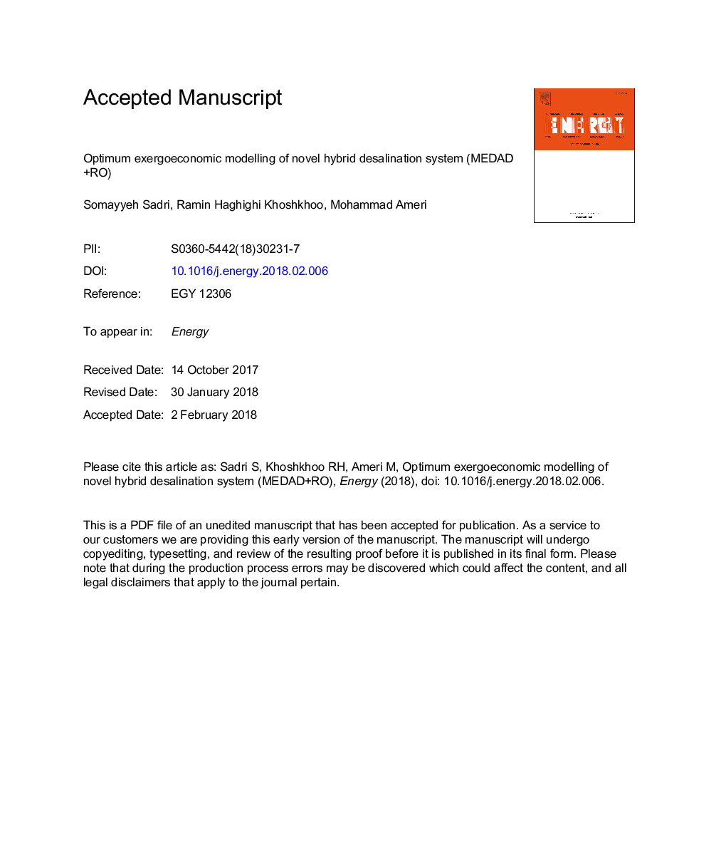 Optimum exergoeconomic modeling of novel hybrid desalination system (MEDAD+RO)