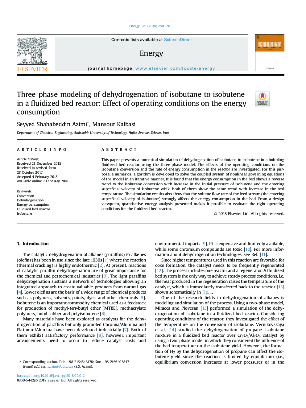 Three-phase modeling of dehydrogenation of isobutane to isobutene in a fluidized bed reactor: Effect of operating conditions on the energy consumption