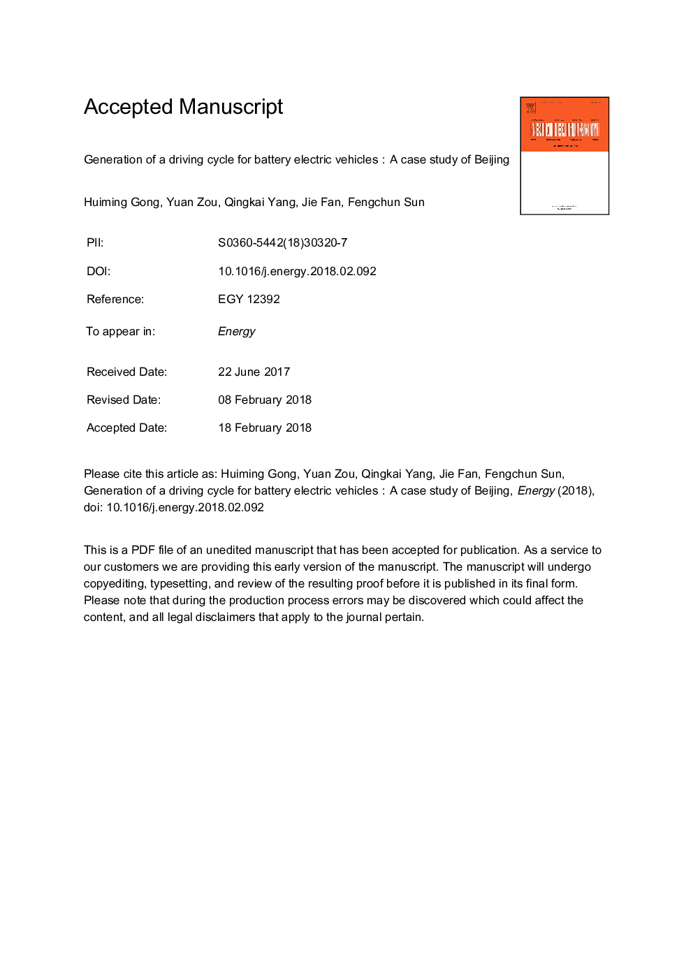 Generation of a driving cycle for battery electric vehiclesï¼A case study of Beijing