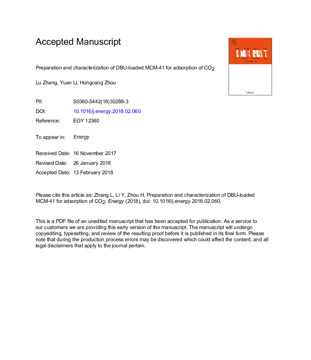 عکس صفحه اول مقاله: Preparation and characterization of DBU-loaded MCM-41 for adsorption of CO2 Preparation and characterization of DBU-loaded MCM-41 for adsorption of CO2