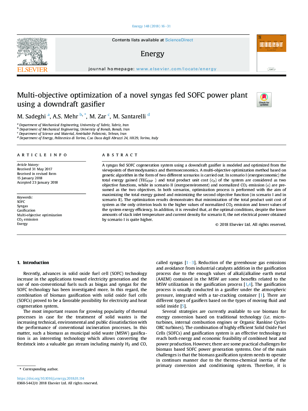 Multi-objective optimization of a novel syngas fed SOFC power plant using a downdraft gasifier