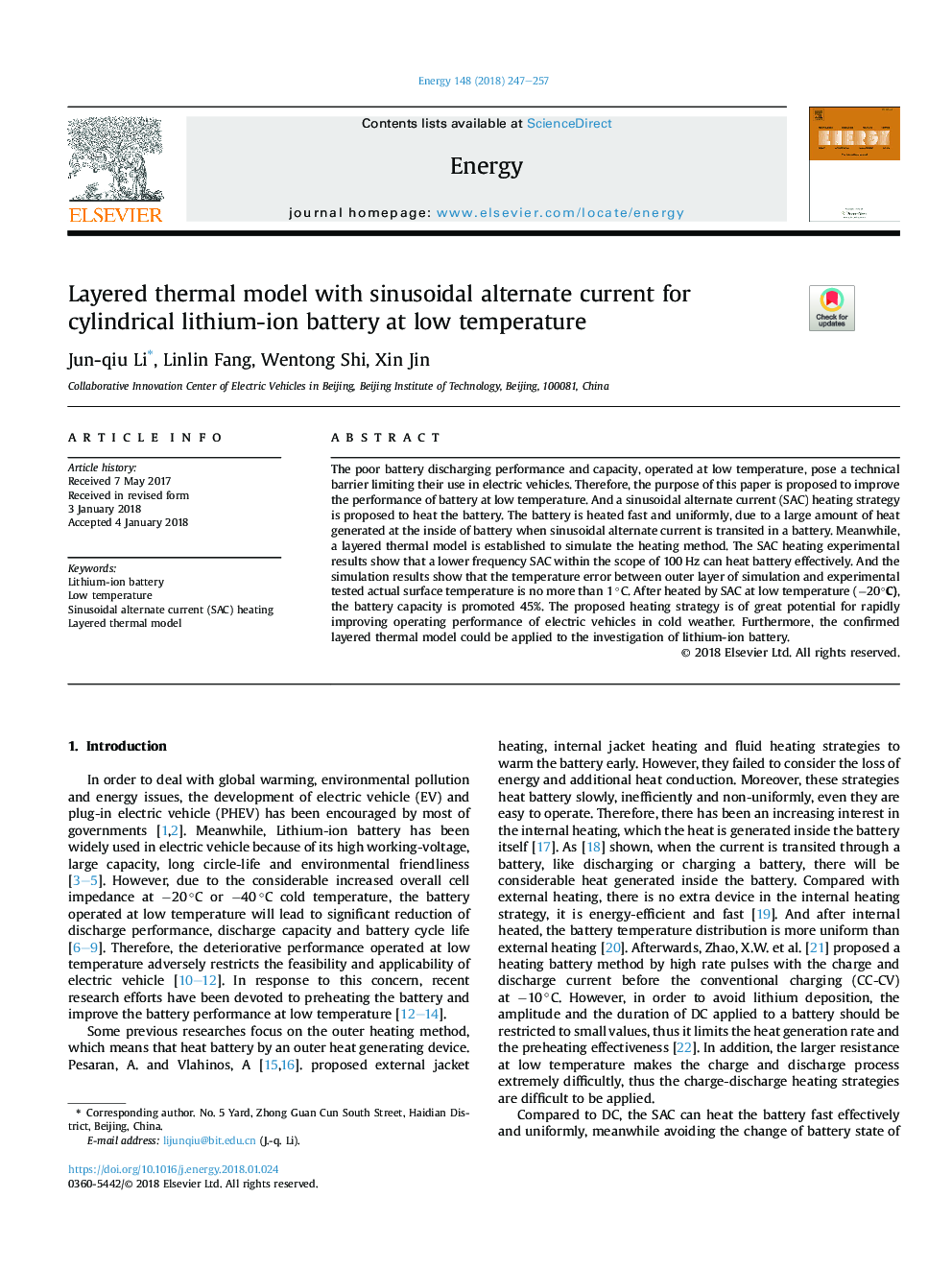 Layered thermal model with sinusoidal alternate current for cylindrical lithium-ion battery at low temperature