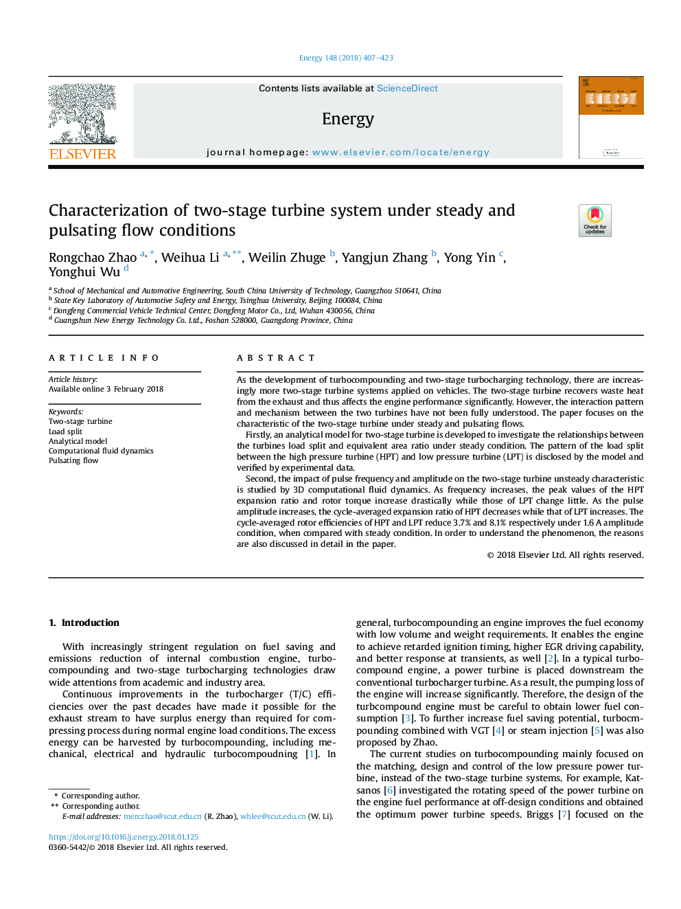 Characterization of two-stage turbine system under steady and pulsating flow conditions