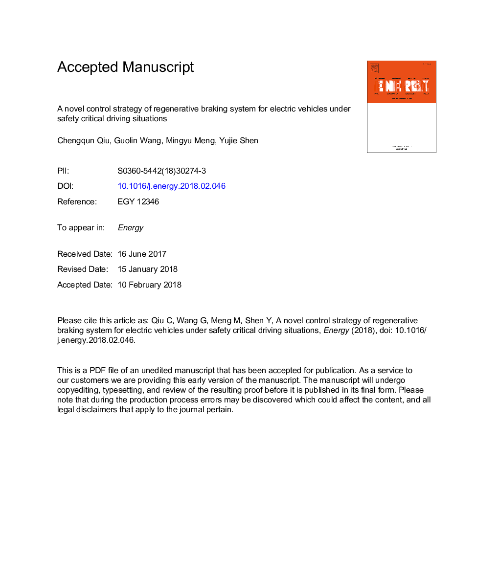 A novel control strategy of regenerative braking system for electric vehicles under safety critical driving situations