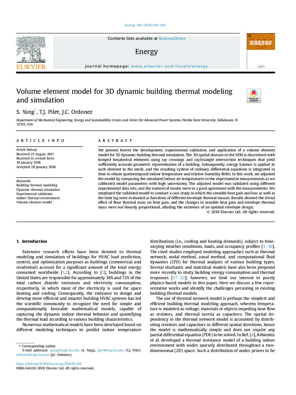 Volume element model for 3D dynamic building thermal modeling and simulation