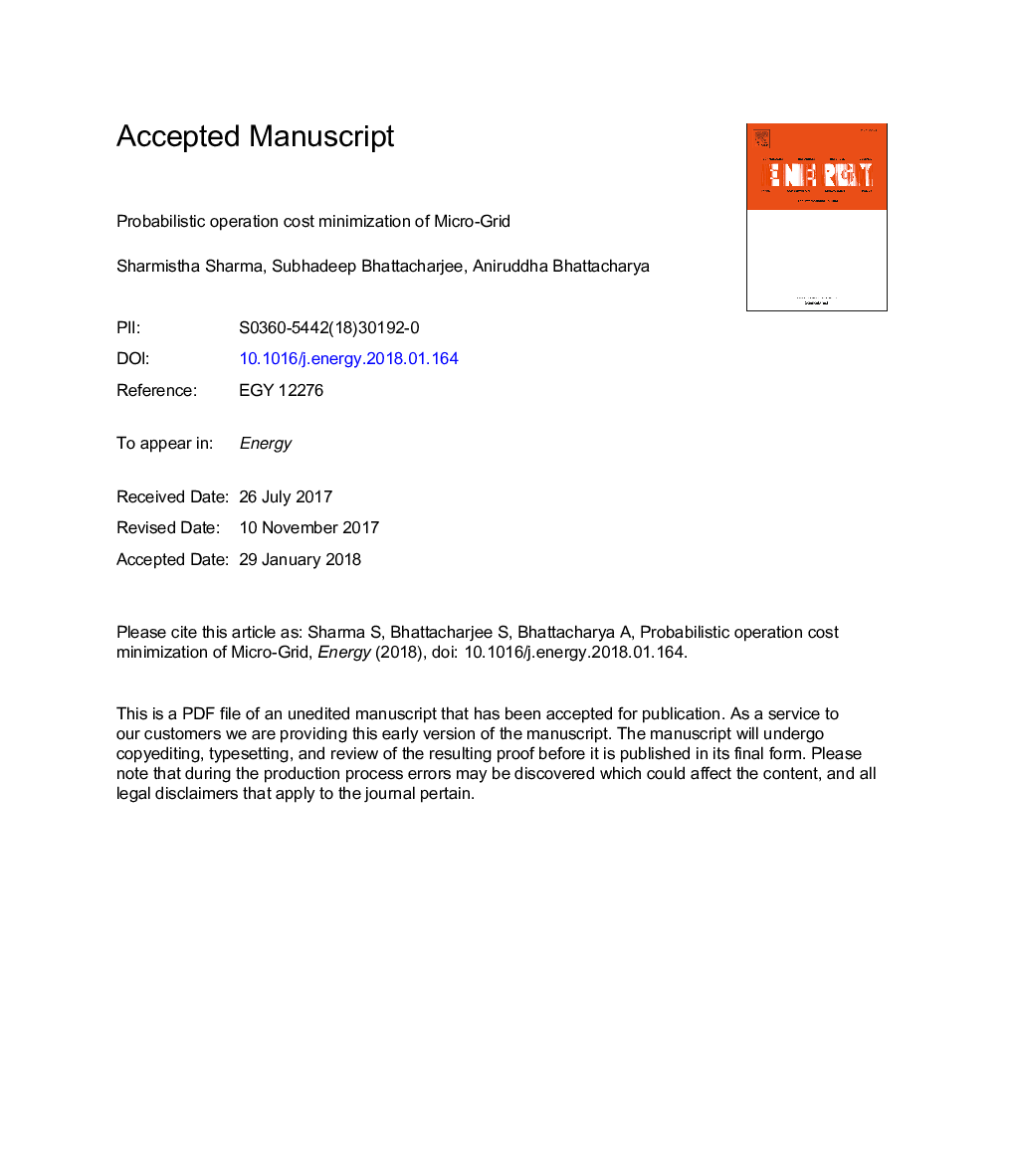 Probabilistic operation cost minimization of Micro-Grid