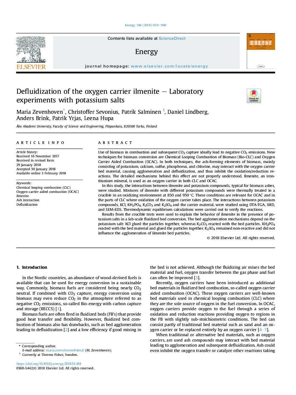 Defluidization of the oxygen carrier ilmenite - Laboratory experiments with potassium salts