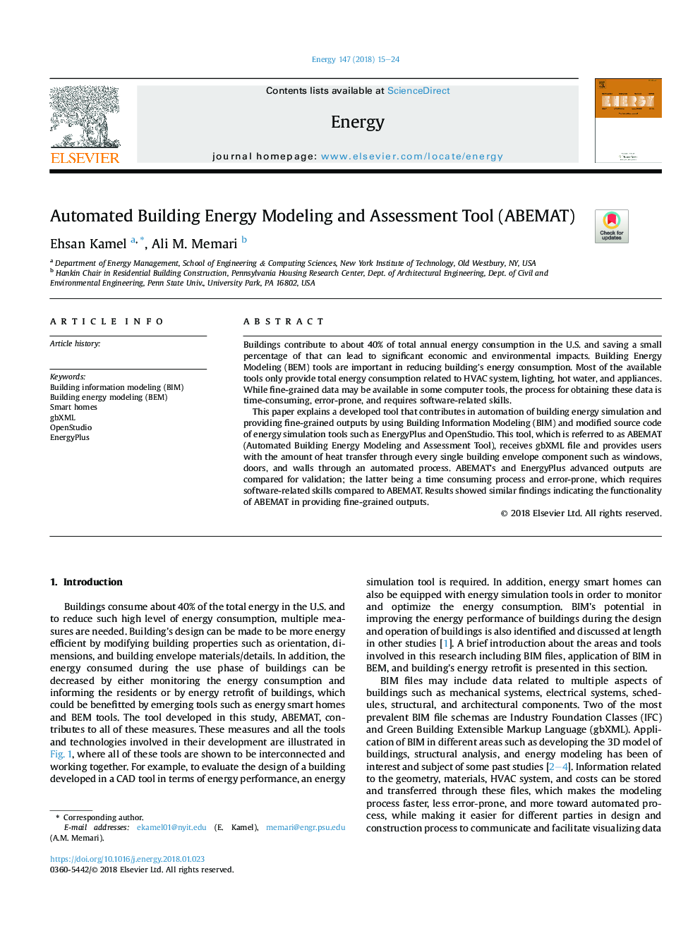 عکس صفحه اول مقاله: Automated Building Energy Modeling and Assessment Tool (ABEMAT) Automated Building Energy Modeling and Assessment Tool (ABEMAT)