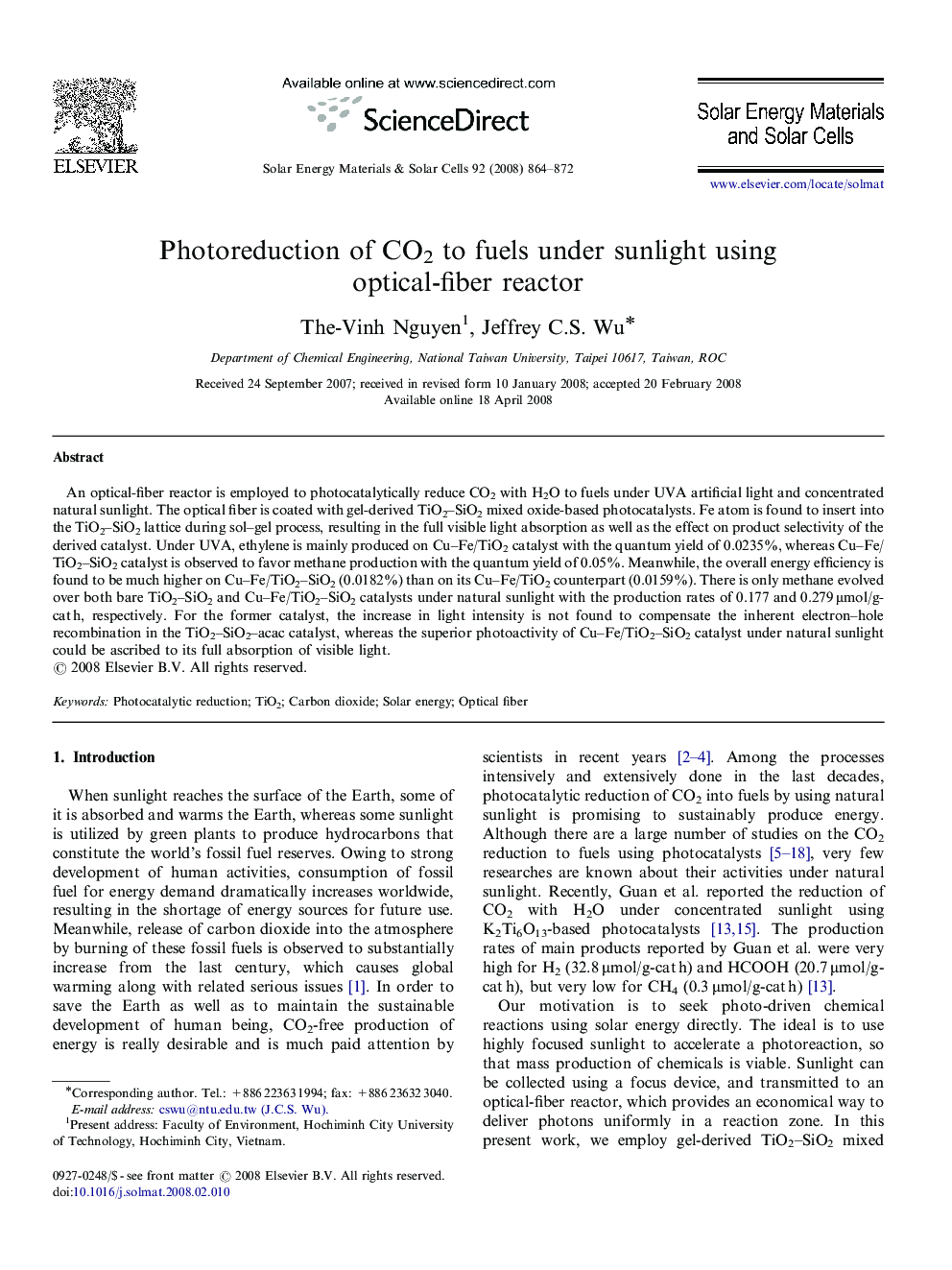 Photoreduction of CO2 to fuels under sunlight using optical-fiber reactor