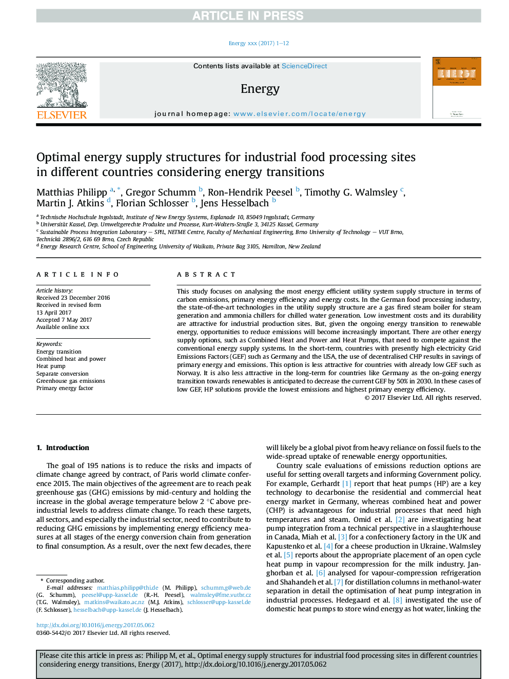 Optimal energy supply structures for industrial food processing sites in different countries considering energy transitions