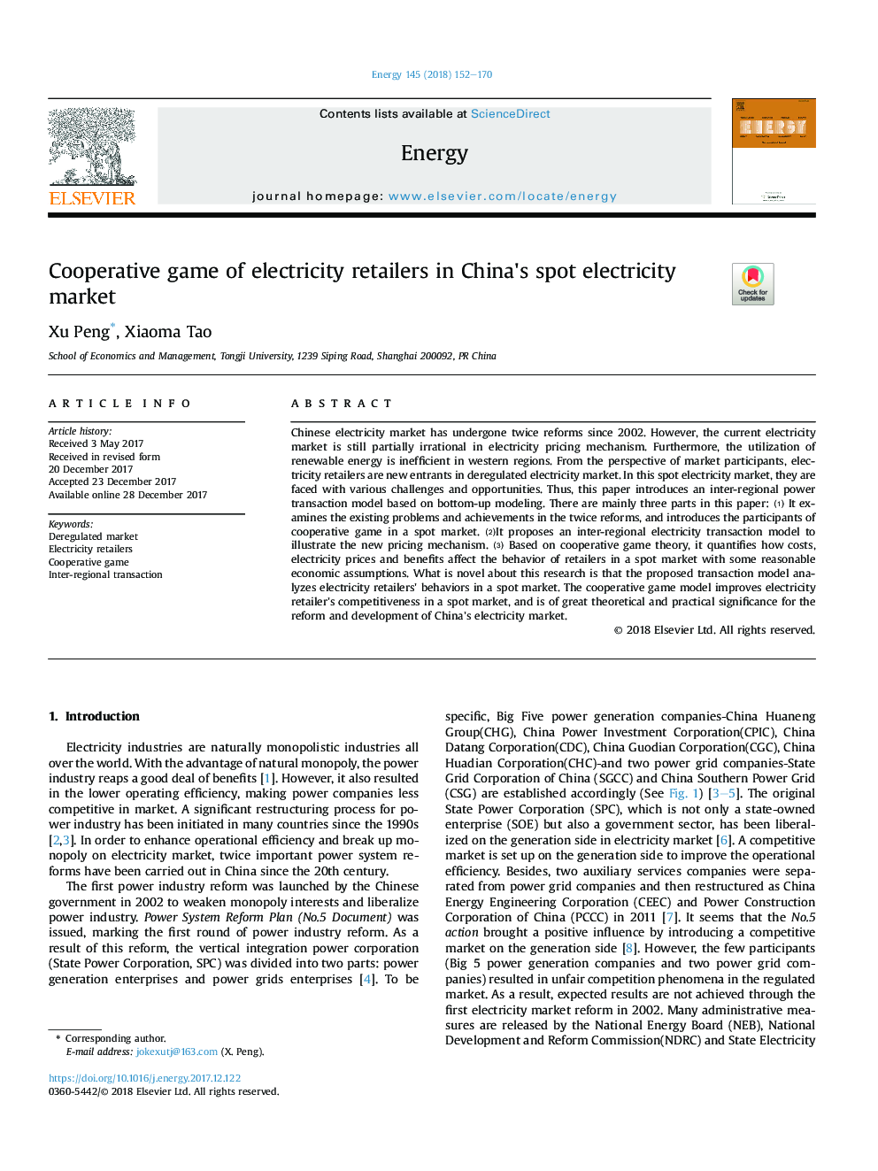 Cooperative game of electricity retailers in China's spot electricity market