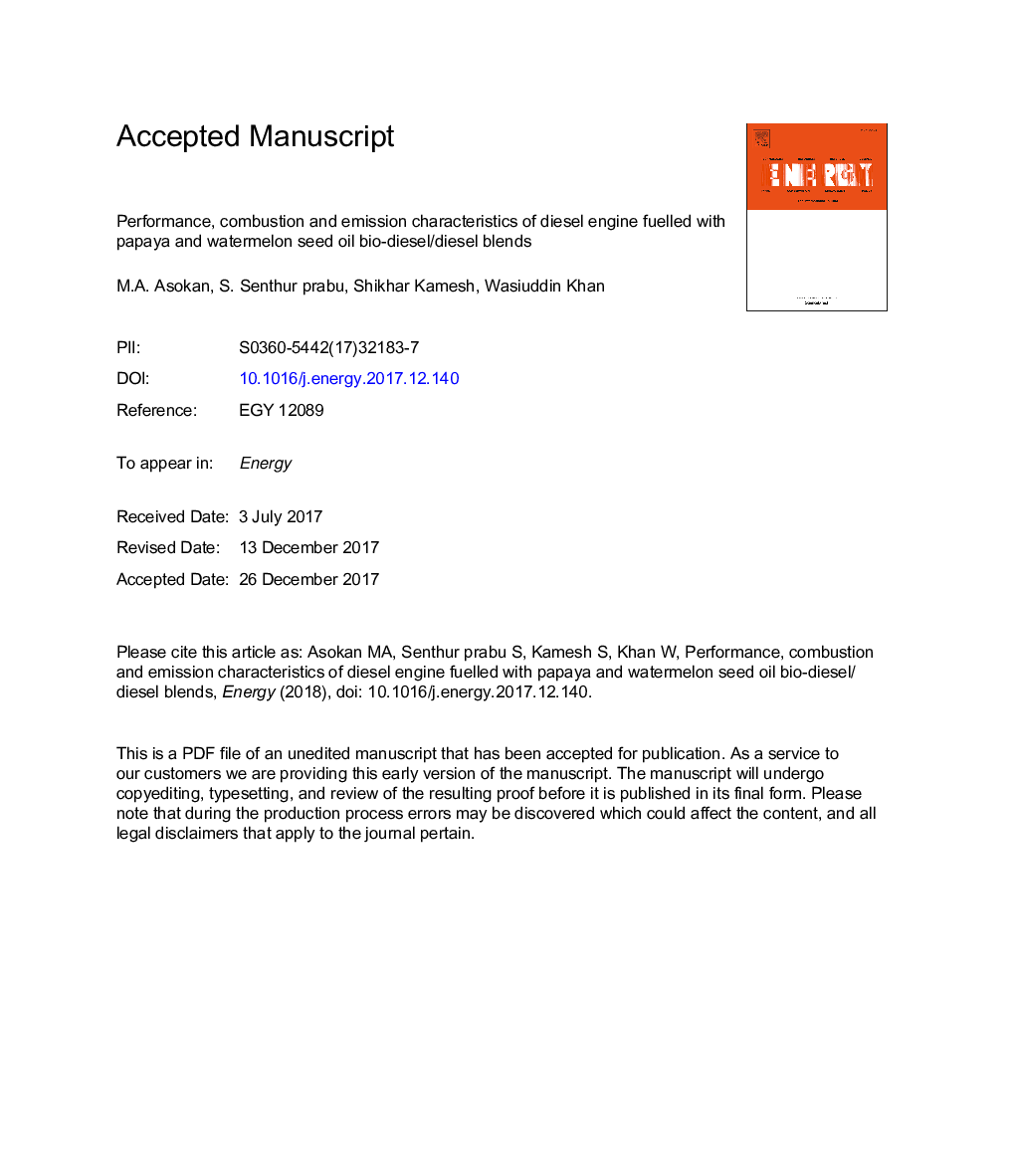 Performance, combustion and emission characteristics of diesel engine fuelled with papaya and watermelon seed oil bio-diesel/diesel blends