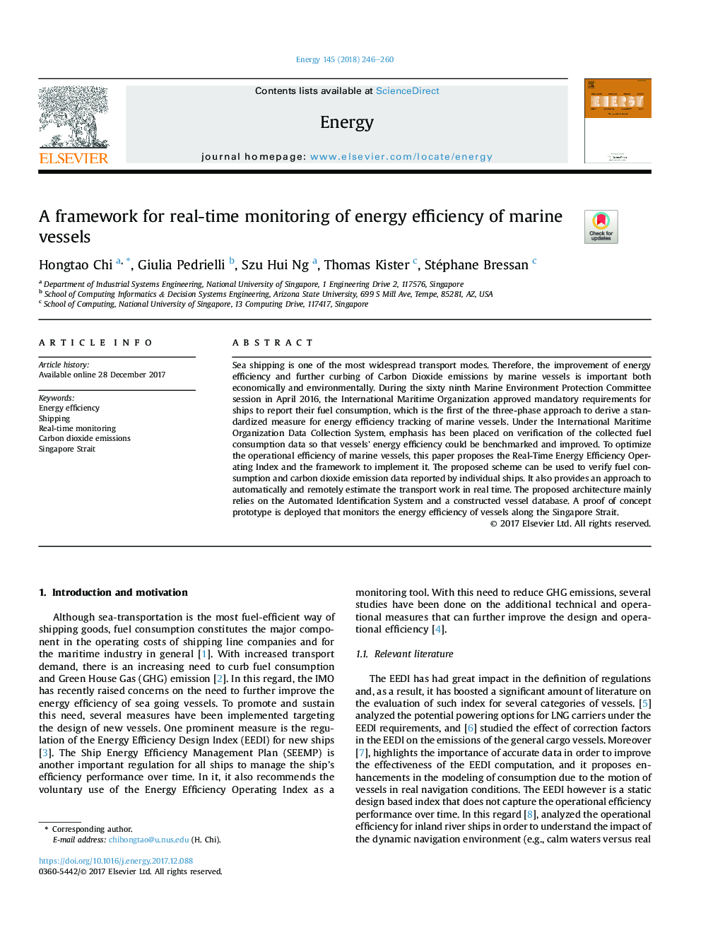 A framework for real-time monitoring of energy efficiency of marine vessels