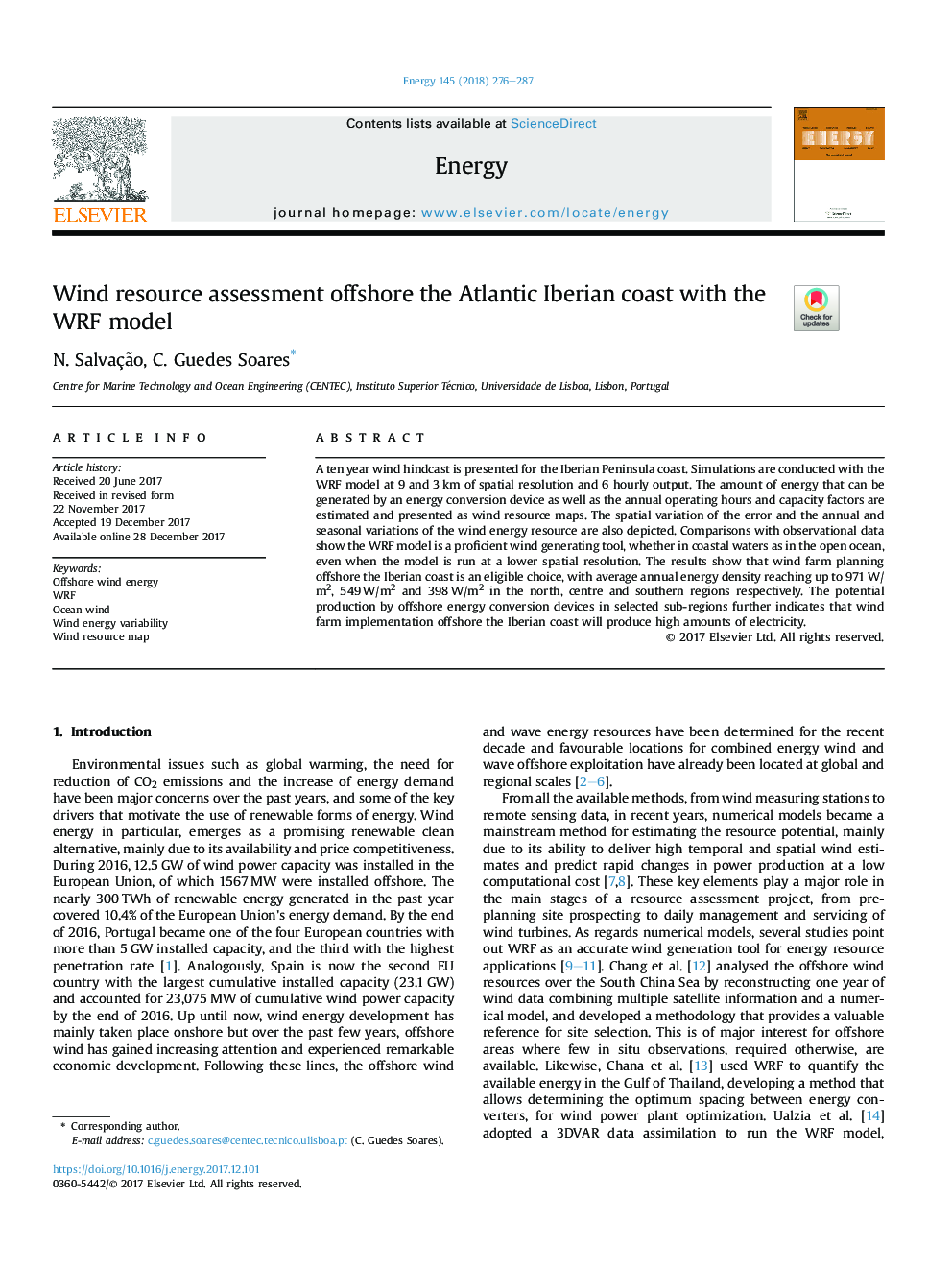 Wind resource assessment offshore the Atlantic Iberian coast with the WRF model