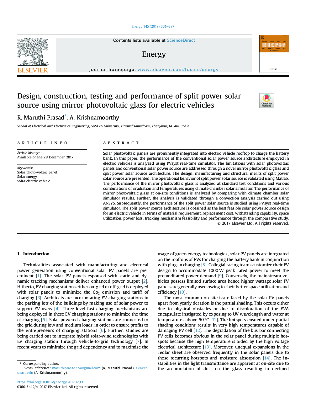 Design, construction, testing and performance of split power solar source using mirror photovoltaic glass for electric vehicles