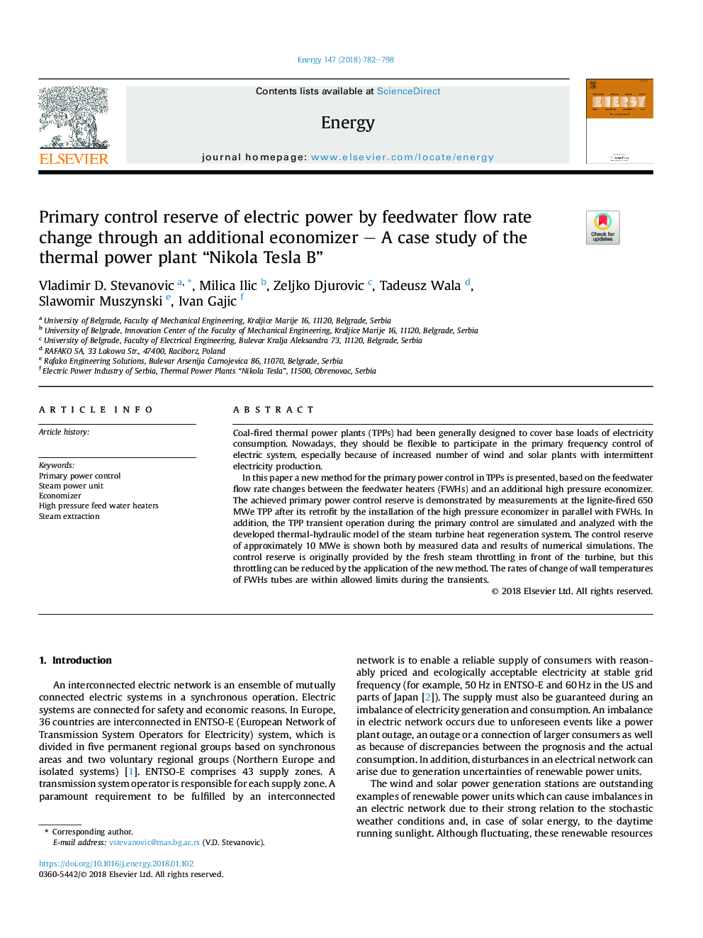 Primary control reserve of electric power by feedwater flow rate change through an additional economizer - A case study of the thermal power plant “Nikola Tesla B”