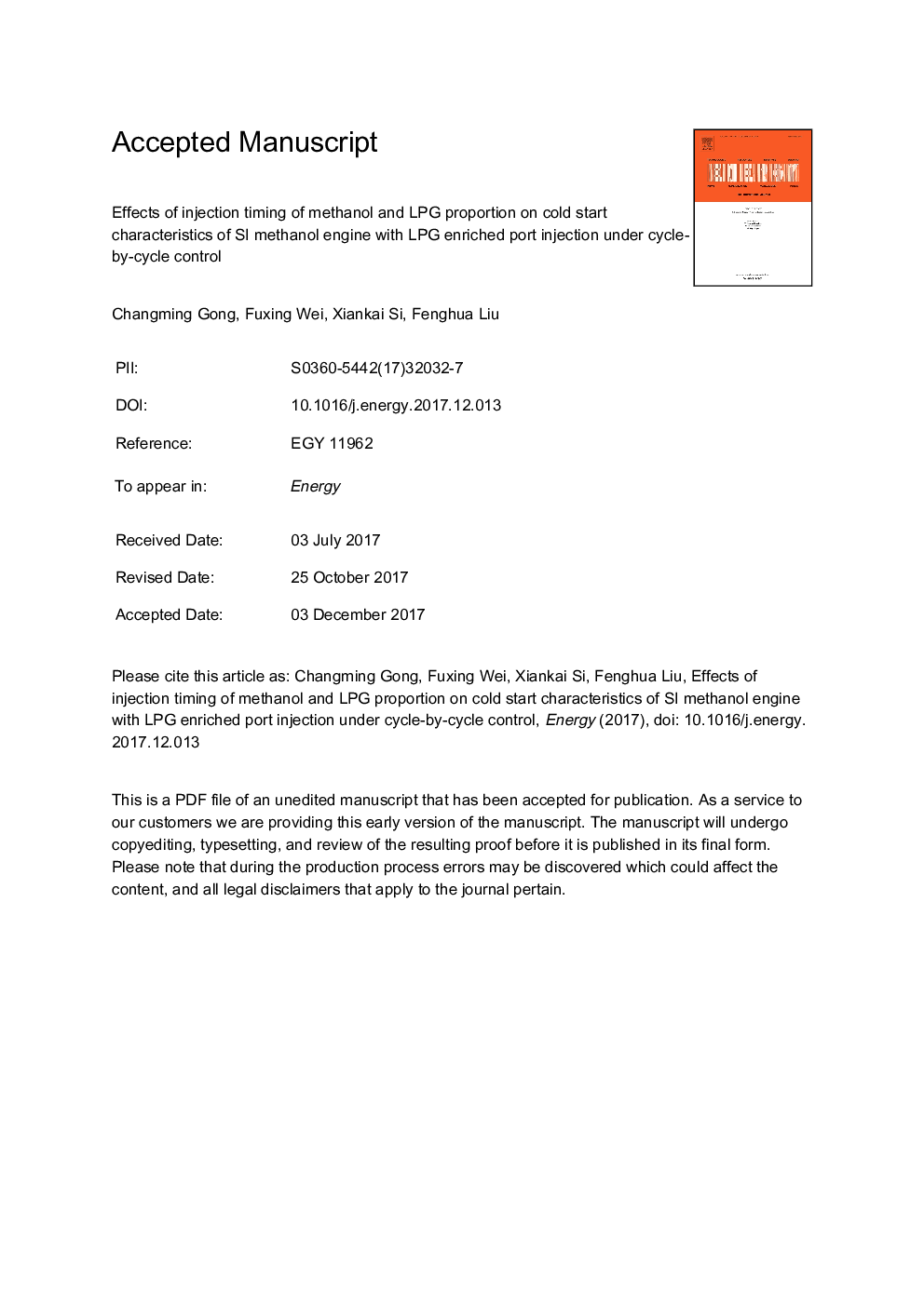 Effects of injection timing of methanol and LPG proportion on cold start characteristics of SI methanol engine with LPG enriched port injection under cycle-by-cycle control