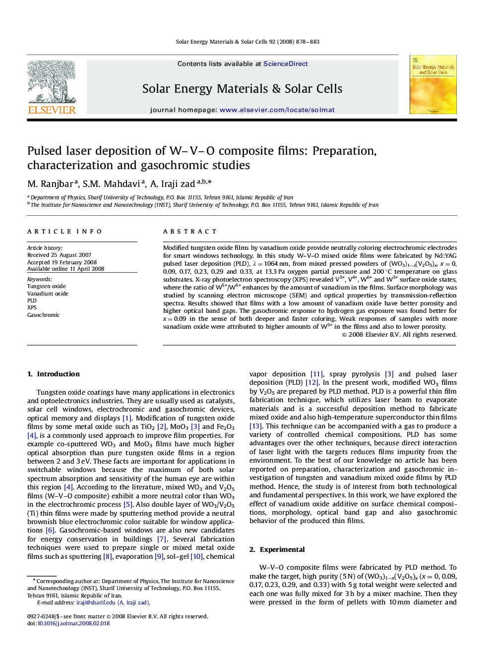 Pulsed laser deposition of W–V–O composite films: Preparation, characterization and gasochromic studies