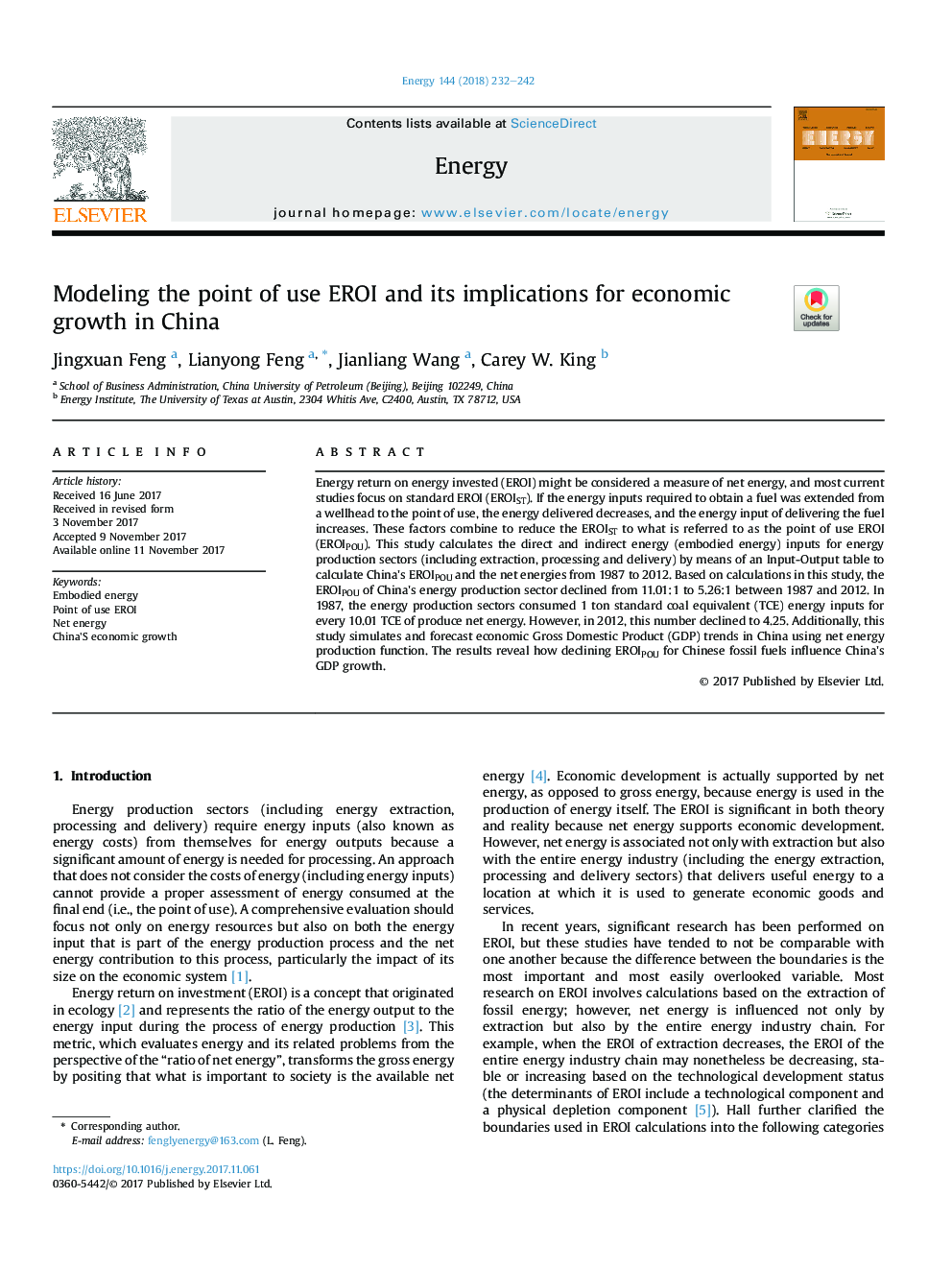 Modeling the point of use EROI and its implications for economic growth in China