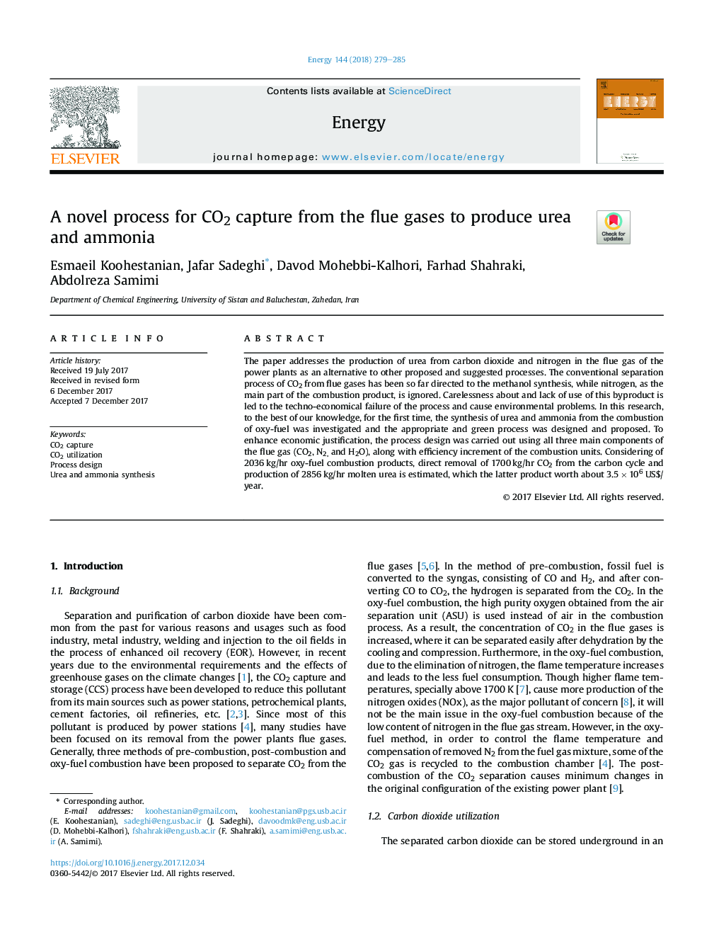 عکس صفحه اول مقاله: A novel process for CO2 capture from the flue gases to produce urea and ammonia A novel process for CO2 capture from the flue gases to produce urea and ammonia