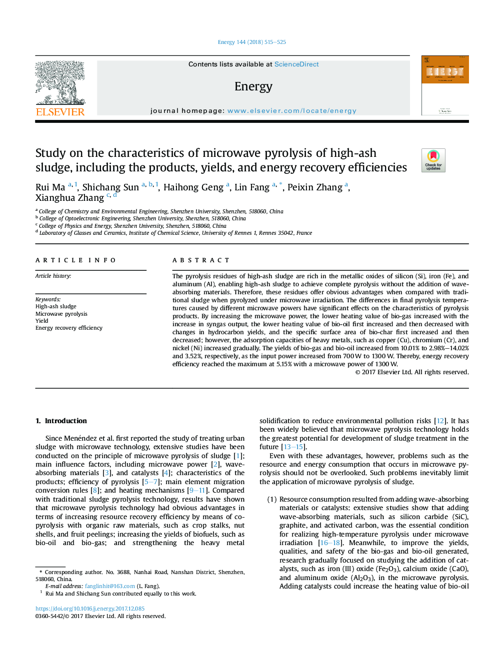 Study on the characteristics of microwave pyrolysis of high-ash sludge, including the products, yields, and energy recovery efficiencies