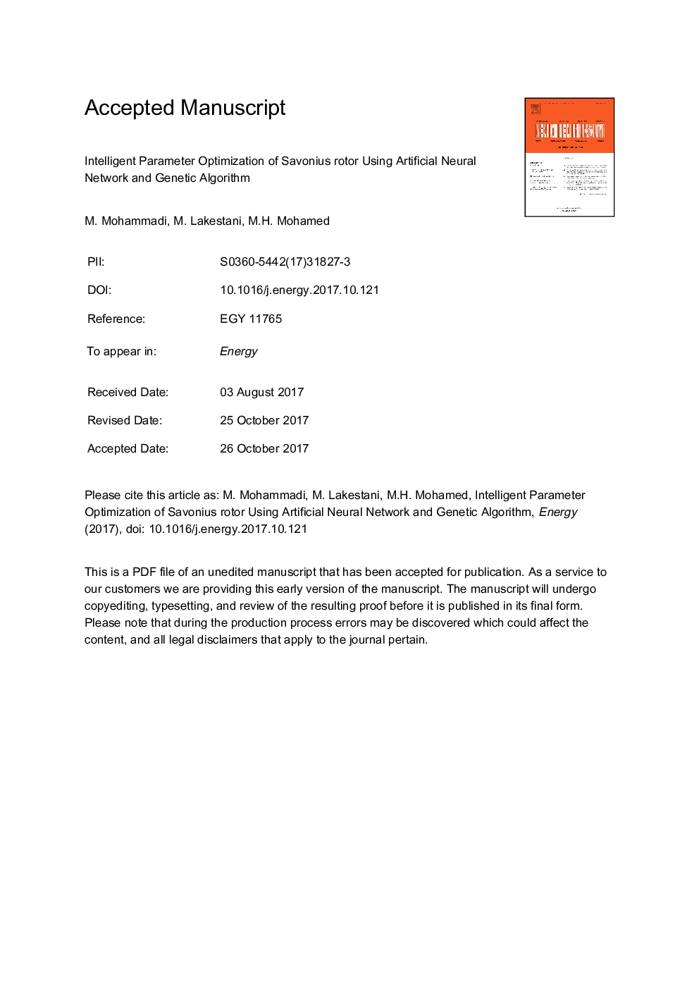 عکس صفحه اول مقاله: Intelligent parameter optimization of Savonius rotor using Artificial Neural Network and Genetic Algorithm Intelligent parameter optimization of Savonius rotor using Artificial Neural Network and Genetic Algorithm