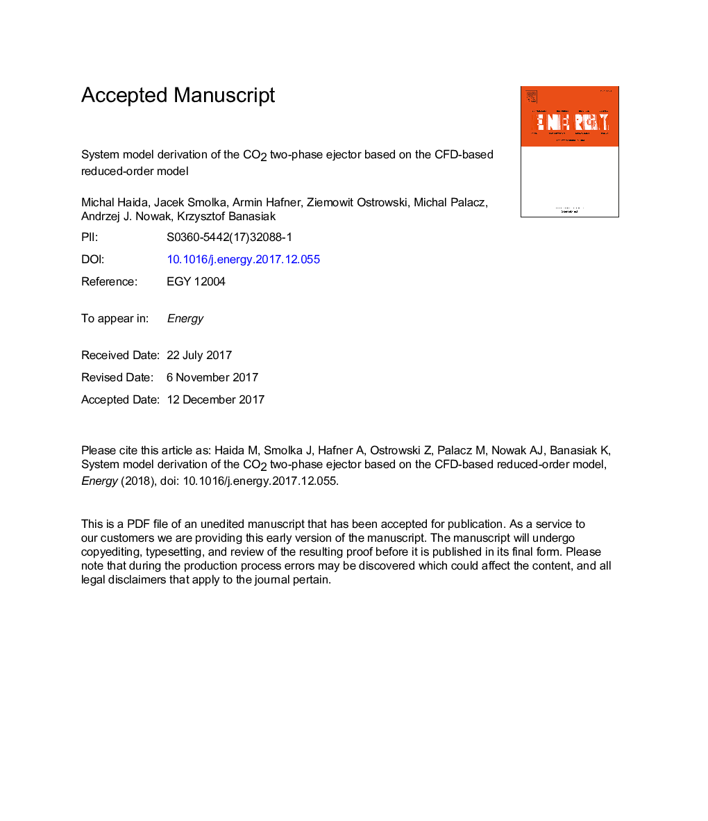عکس صفحه اول مقاله: System model derivation of the CO2 two-phase ejector based on the CFD-based reduced-order model System model derivation of the CO2 two-phase ejector based on the CFD-based reduced-order model