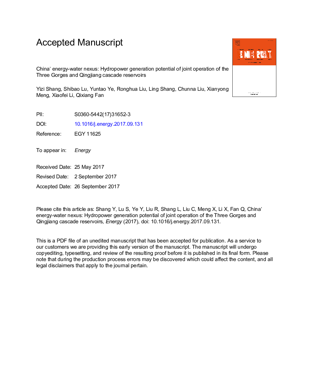 China' energy-water nexus: Hydropower generation potential of joint operation of the Three Gorges and Qingjiang cascade reservoirs