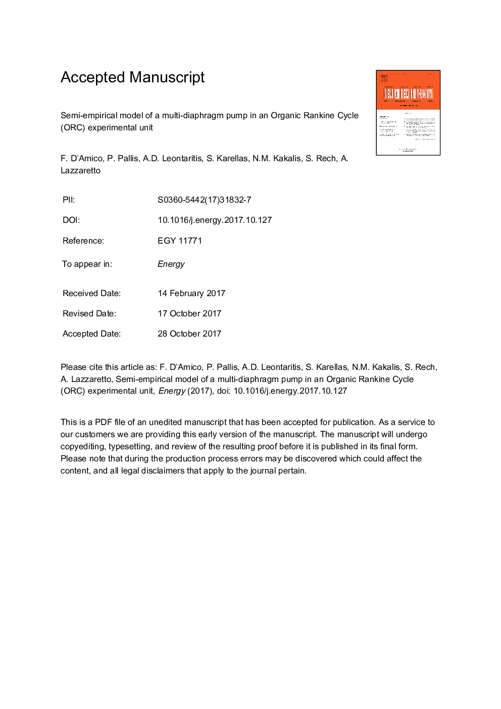 عکس صفحه اول مقاله: Semi-empirical model of a multi-diaphragm pump in an Organic Rankine Cycle (ORC) experimental unit Semi-empirical model of a multi-diaphragm pump in an Organic Rankine Cycle (ORC) experimental unit