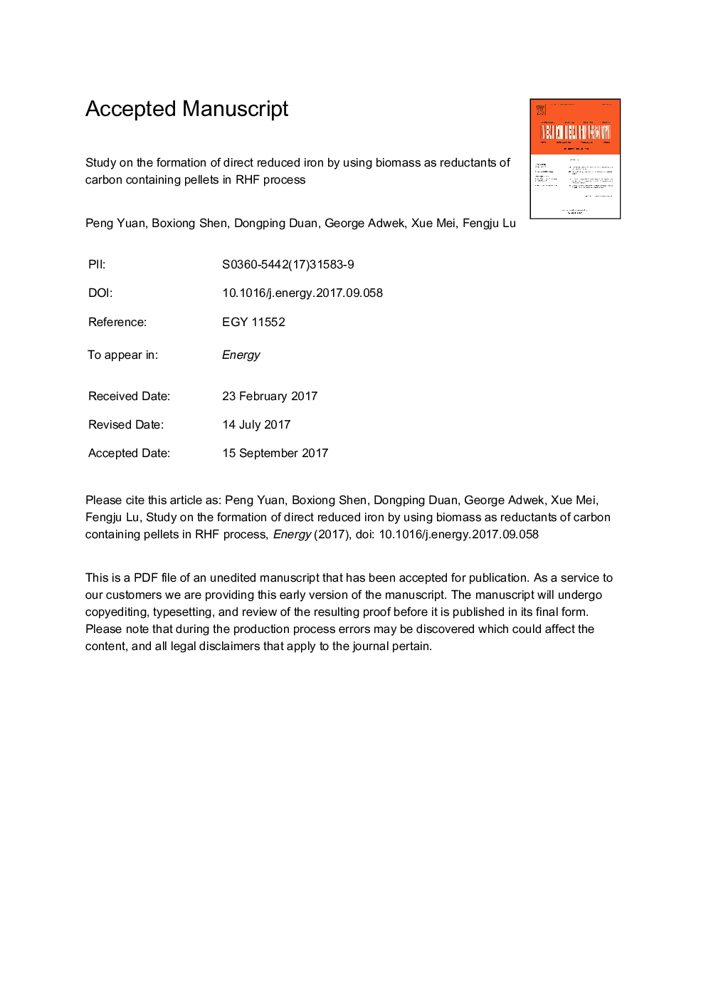 Study on the formation of direct reduced iron by using biomass as reductants of carbon containing pellets in RHF process