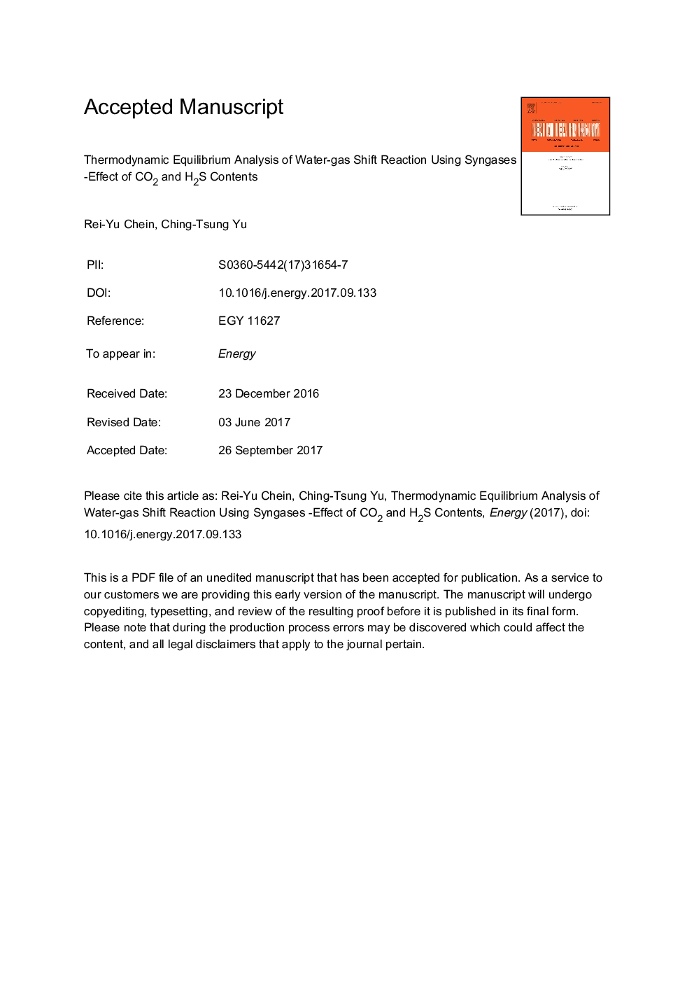 Thermodynamic equilibrium analysis of water-gas shift reaction using syngases-effect of CO2 and H2S contents