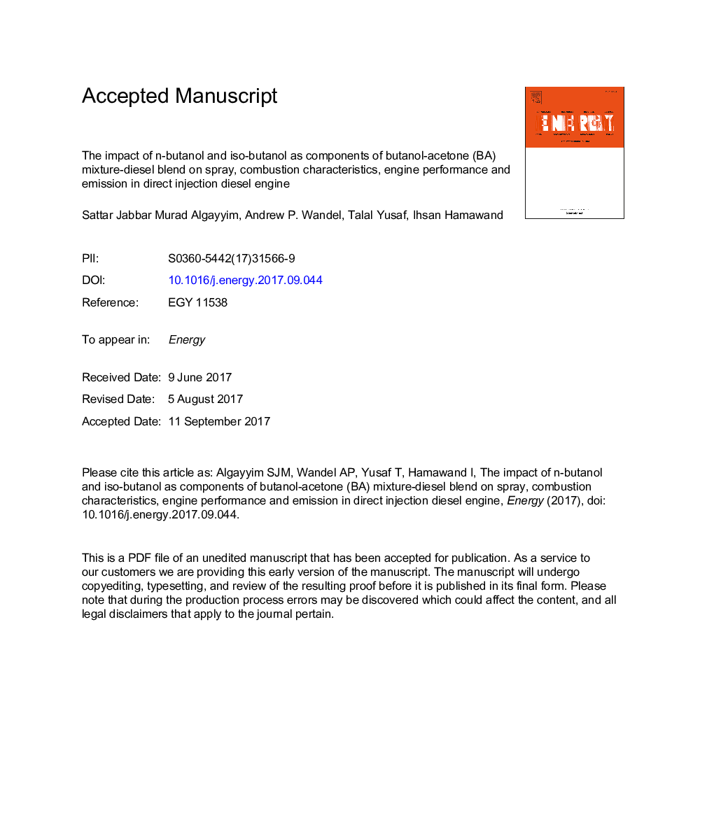 The impact of n-butanol and iso-butanol as components of butanol-acetone (BA) mixture-diesel blend on spray, combustion characteristics, engine performance and emission in direct injection diesel engine