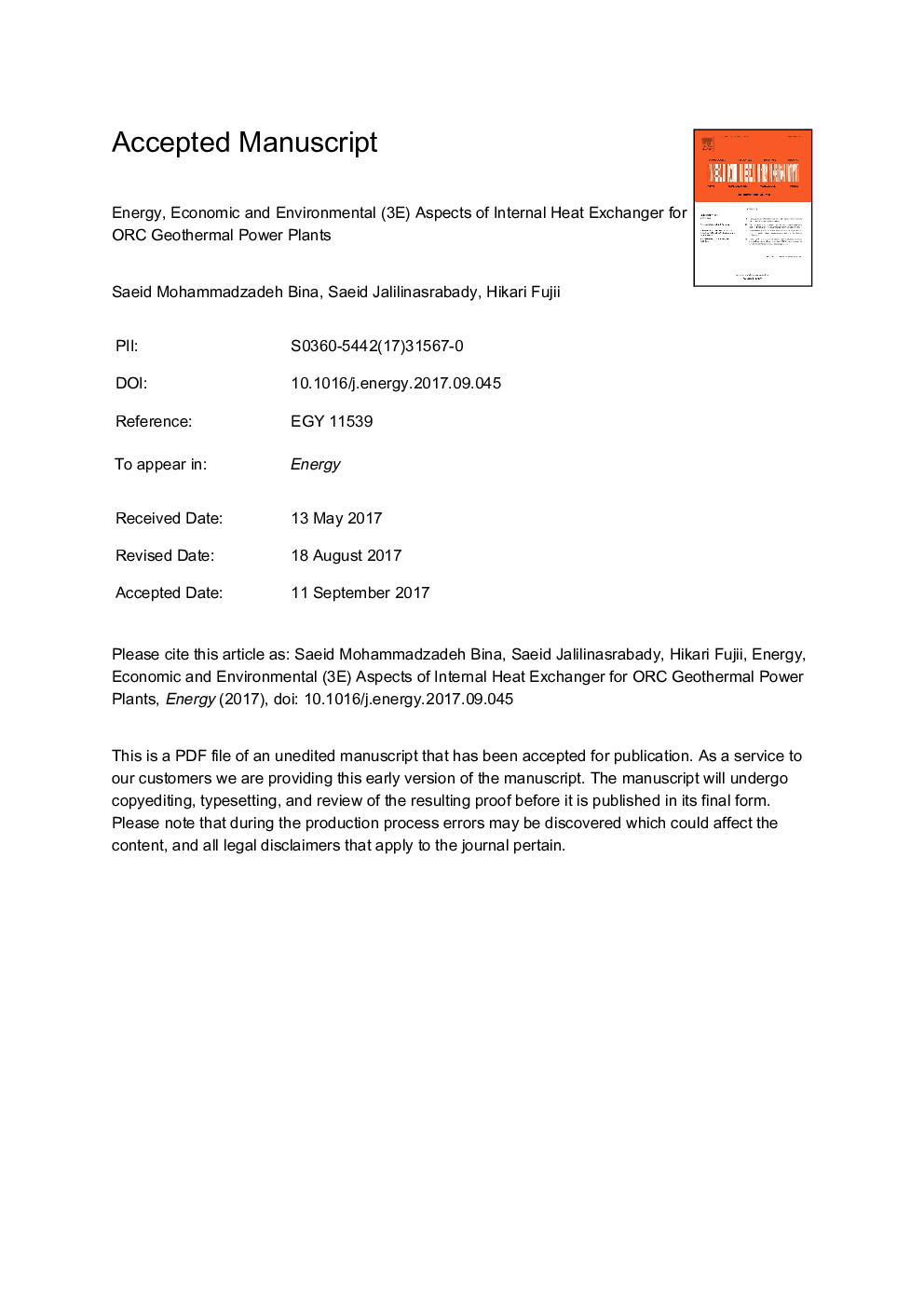 Energy, economic and environmental (3E) aspects of internal heat exchanger for ORC geothermal power plants