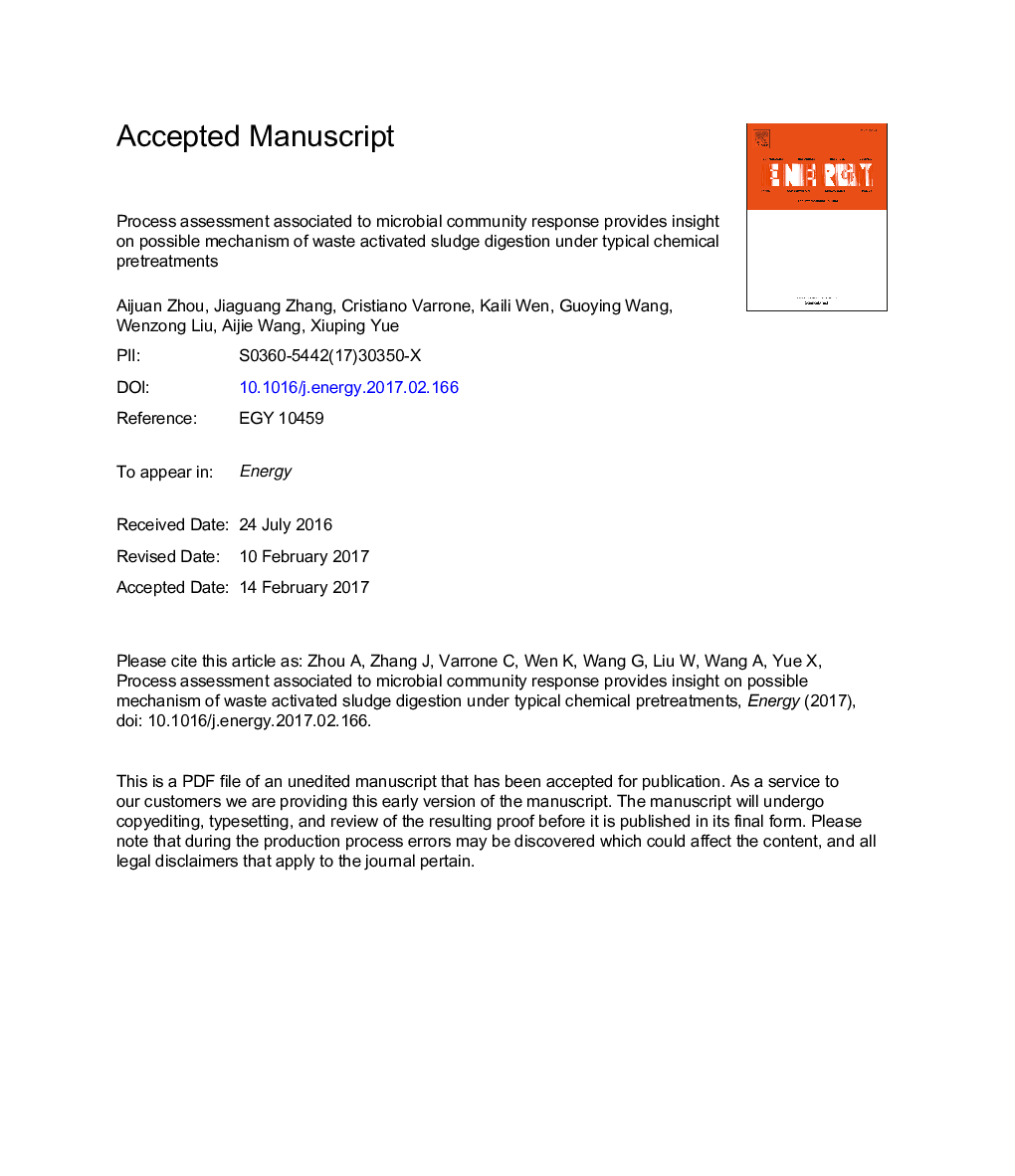 Process assessment associated to microbial community response provides insight on possible mechanism of waste activated sludge digestion under typical chemical pretreatments