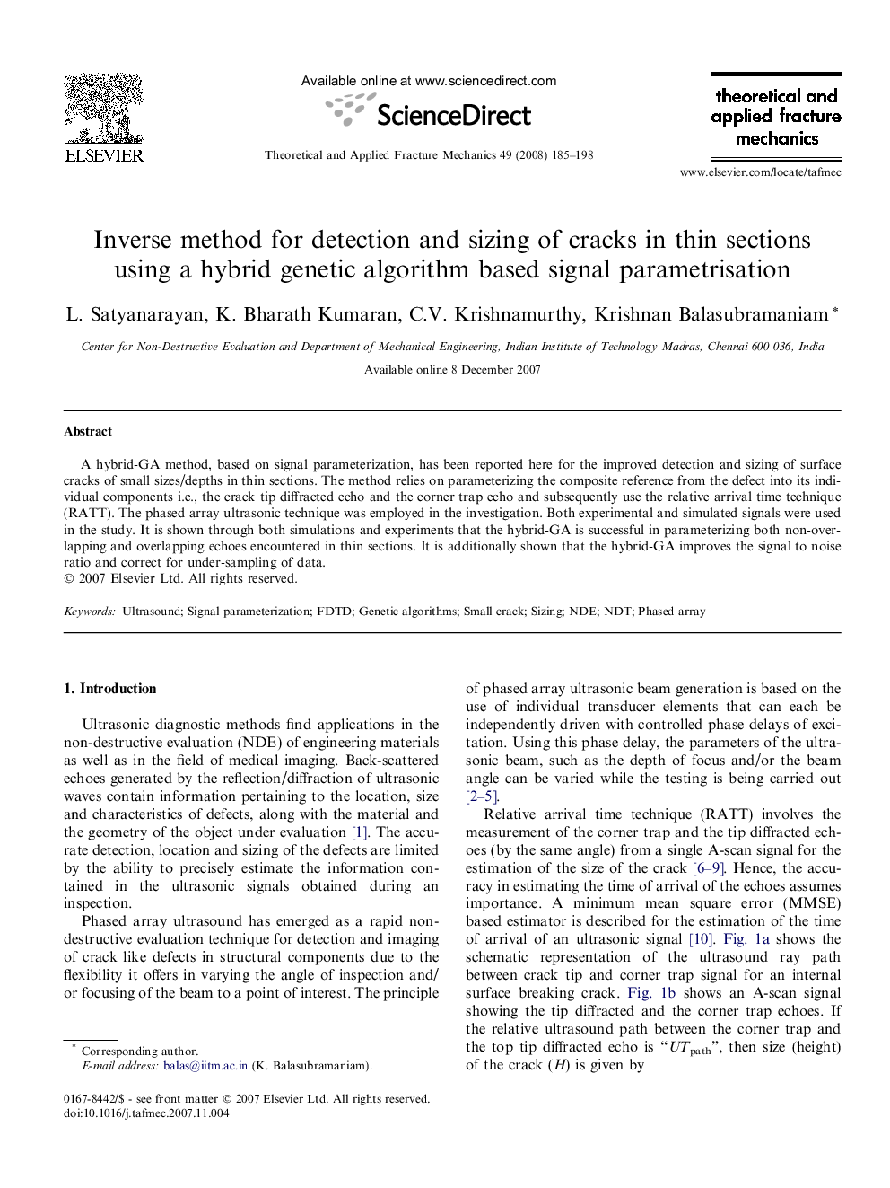 Inverse method for detection and sizing of cracks in thin sections using a hybrid genetic algorithm based signal parametrisation