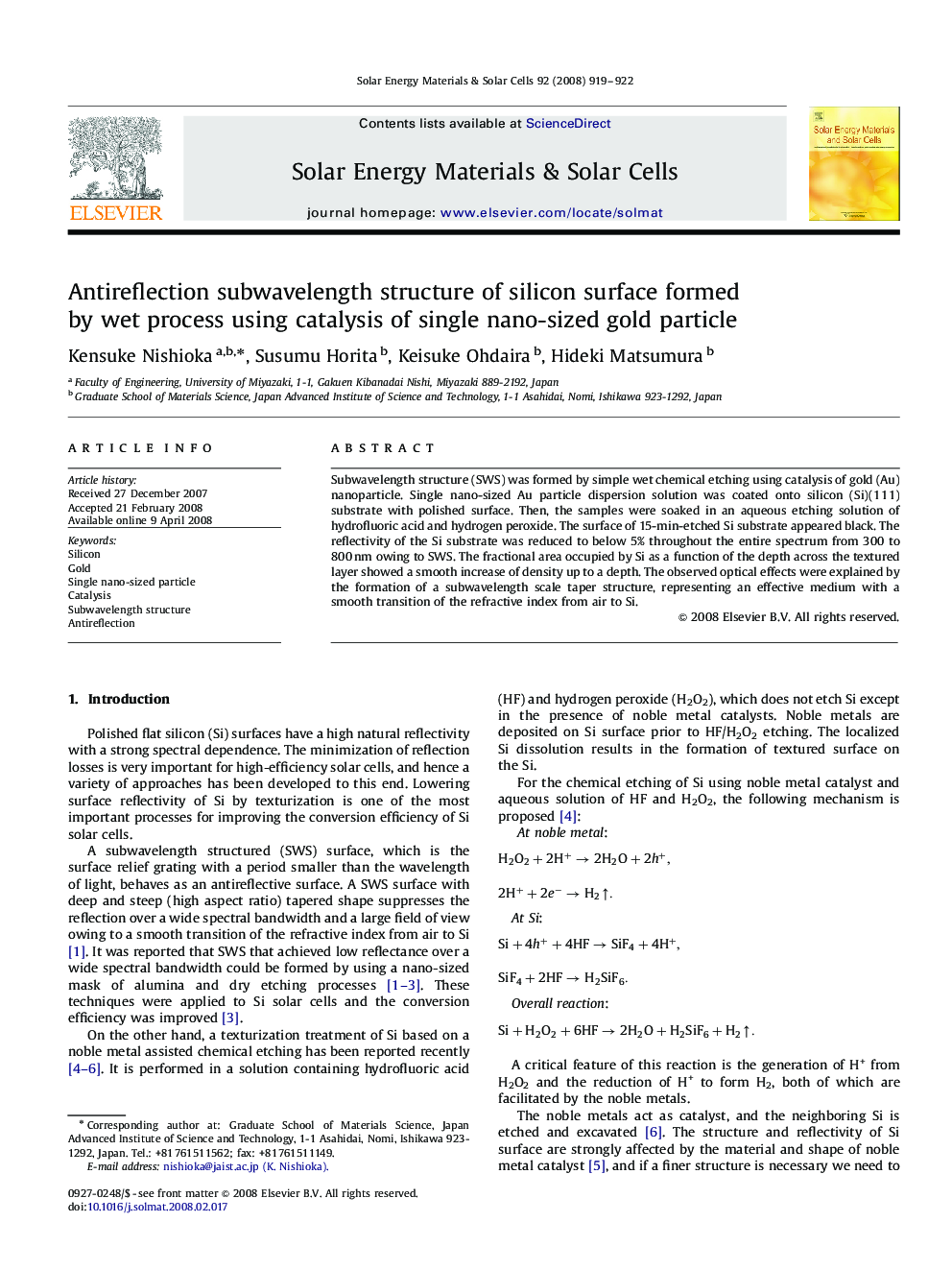 Antireflection subwavelength structure of silicon surface formed by wet process using catalysis of single nano-sized gold particle