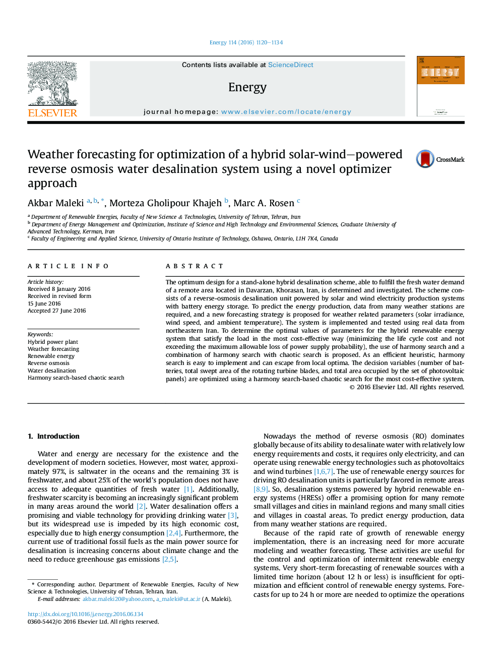 Weather forecasting for optimization of a hybrid solar-wind-powered reverse osmosis water desalination system using a novel optimizer approach