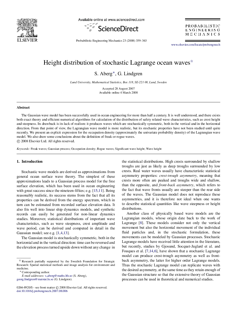 Height distribution of stochastic Lagrange ocean waves 