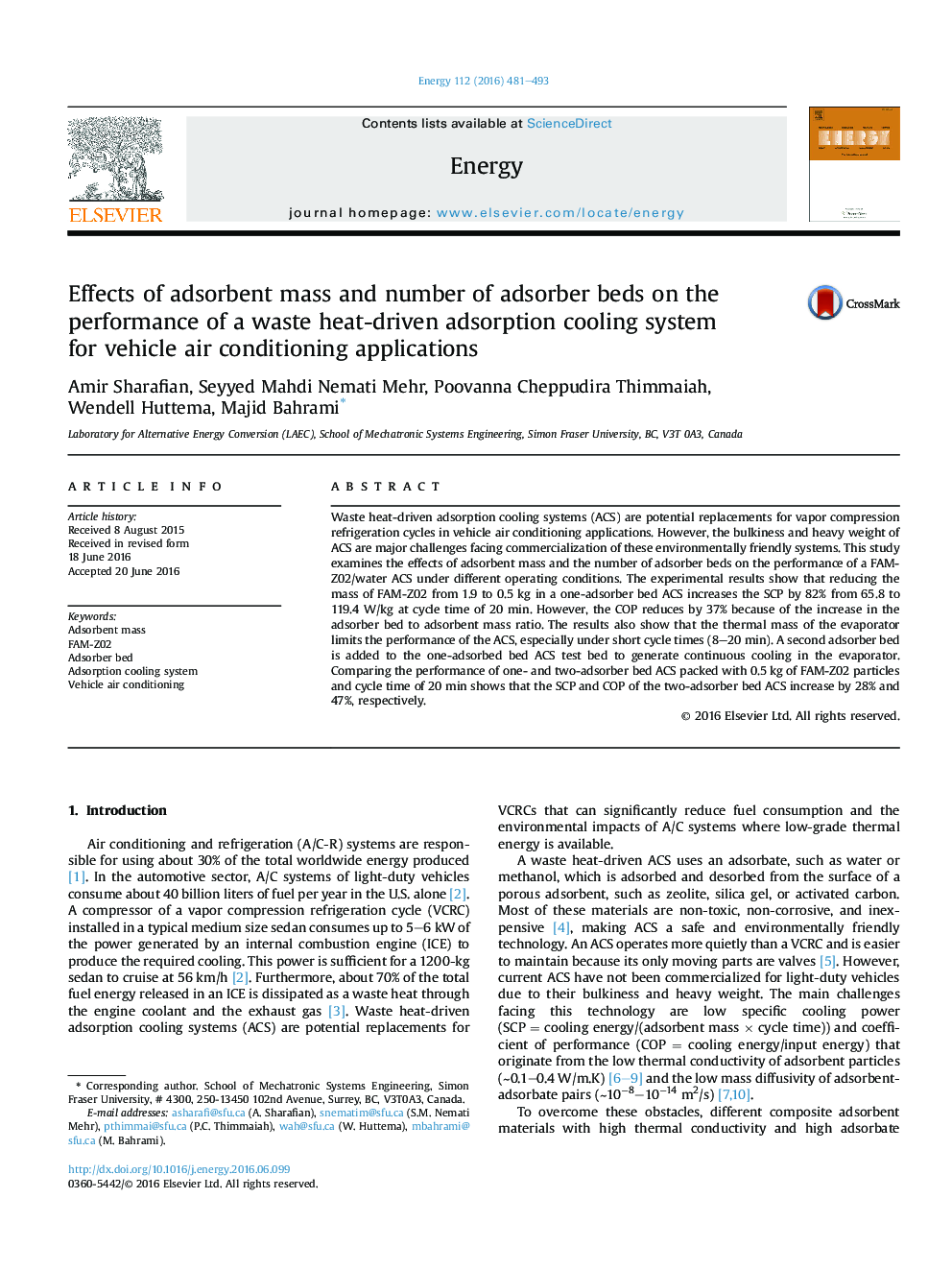 Effects of adsorbent mass and number of adsorber beds on the performance of a waste heat-driven adsorption cooling system for vehicle air conditioning applications